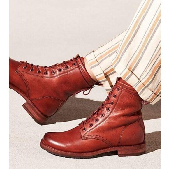 $389 Frye Veronica Combat Red Clay Cognac Real Leather Lace Up